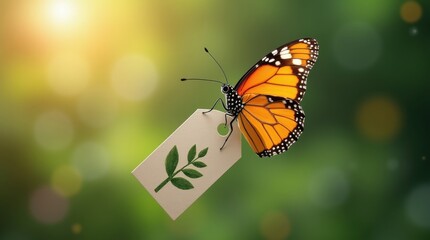 Obraz premium Happy butterfly frame with transparent tag on paper sale in nature capturing the joy of discounts