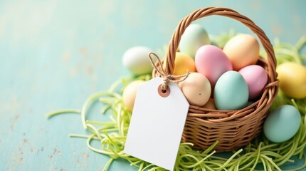 Happy sale on transparent paper tags for easter eggs colorful basket display festive spring environment