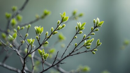 Obraz premium Close-Up of Budding Branches with Green Leaves and Blossoms
