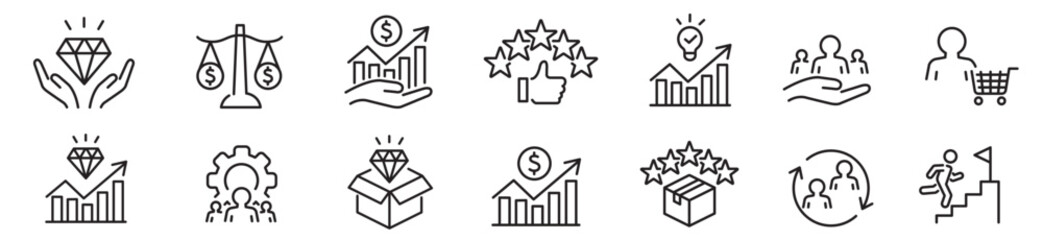 Business value icons set vector illustration. Core value editable line icon set.