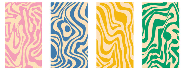 Psychedelic y2k wave vertical background set. Retro fun print bright psychedelic. Y2K marble wave wallpaper. Vector illustration