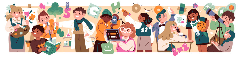 Back to school concept banner. Students are learning different subjects. Happy pupils, kids study, children get knowledge. Elementary education. Flat isolated vector illustration on white background.