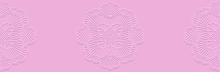 Banner, cover design. Geometric ethnic relief 3D pattern, mandala. Pink glamorous background, embossing. Ornaments, arabesques, logo of the East, Asia, India, Mexico, Aztec, Peru.