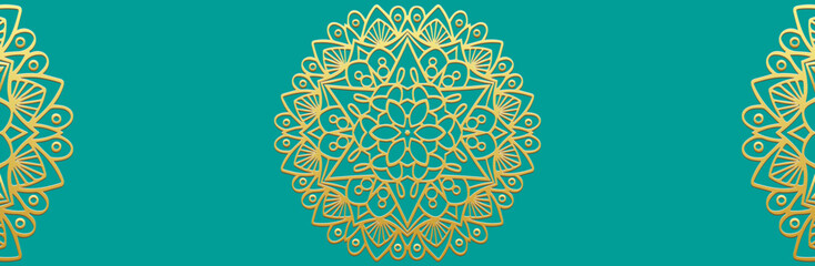 Banner, cover design. Geometric ethnic gold 3D pattern, mandala. Turquoise background, embossing. Ornaments, arabesques, logo of the East, Asia, India, Mexico, Aztec, Peru.