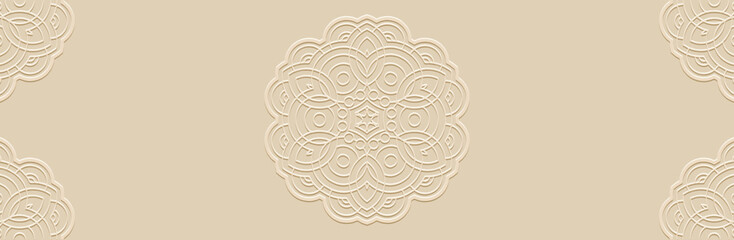 Banner, cover design. Geometric ethnic relief magical lace 3D pattern, mandala. Light beige background, embossing. Ornaments, arabesques, logo of the East, Asia, India, Mexico, Aztec, Peru.