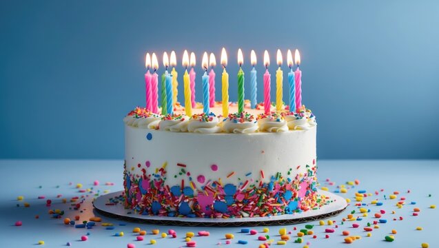 Celebration cake adorned with vibrant sprinkles and bright birthday candles.