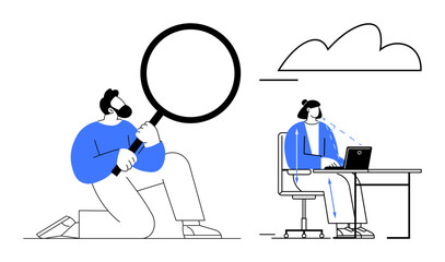Person kneeling with magnifying glass studying data another on laptop explores analysis. Ideal for teamwork, data search, problem-solving, cloud computing, connectivity, strategy, curiosity. Flat