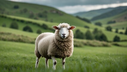 A solo joyful sheep in a lush pasture representing organic farming, sustainable wool production, and respect for animal care and welfare during travel.