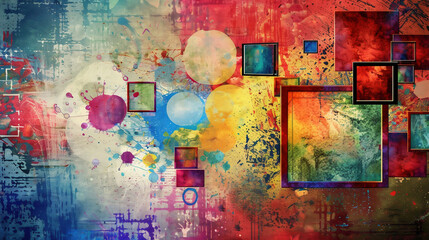 Fototapeta premium Vibrant collage of colorful picture frames in various sizes arranged against a textured background showcasing energetic hues of red, blue, green