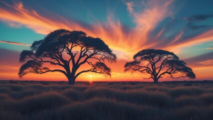 Obraz premium Silhouette of acacia trees during sunset