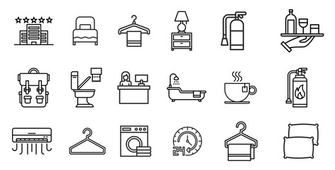 Hotel set of web icons in line style. Hotel and vacation icons for web and mobile app. Hotel services, recreational rest, relax, travel. Vector illustration
