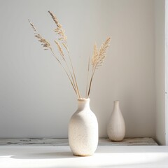 A white vase with brown stems sits on a table