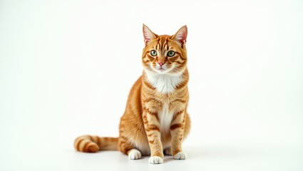 Obraz premium Ginger cat perched with one front paw lifted, gazing at the camera against a white isolated backdrop.