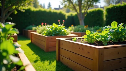 Garden Raised Beds in Vegetable Garden. Contemporary Gardening. Wooden Elevated Garden Beds with Vegetable Plants.