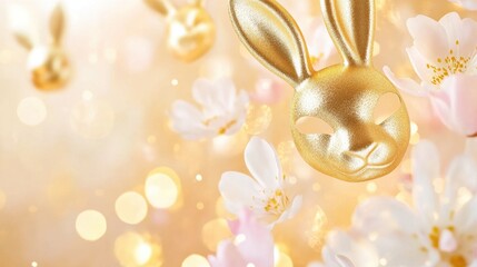Fototapeta premium Golden Bunny Mask Amid White Flowers And Sparkle Glow