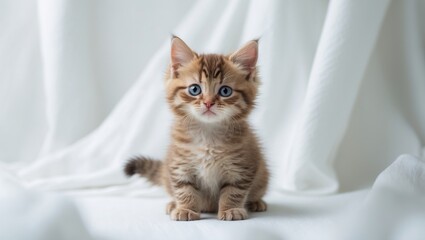 Small Scottish kitten with short legs. Isolated against a white backdrop.
