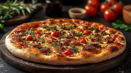 Gourmet Pizza with Cherry Tomatoes and Herbs on a Dark Wooden Plate. Generative AI