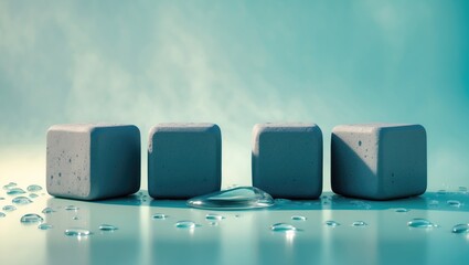 Solid stones with water droplets for cooling whiskey on a blue backdrop. Concept of alcoholic drinks.