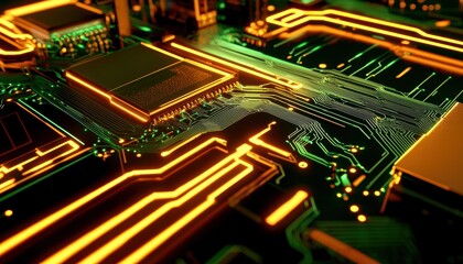 Fototapeta premium Futuristic silicon chip with glowing quantum circuits, detailed electronic components, high-resolution nanotechnology, sci-fi cyberpunk mood