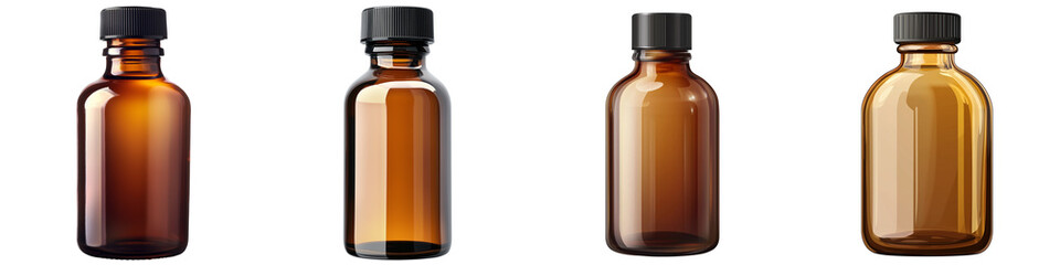 Fototapeta premium Set of an amber glass bottle with a black cap, isolated on a transparent background.