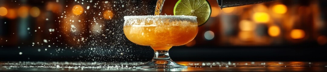 Frozen Margarita Being Poured into a Salt-Rimmed Glass with Lime. Generative AI