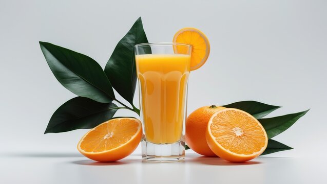 Glass of orange juice with sacs and sliced fruits on a white background.
