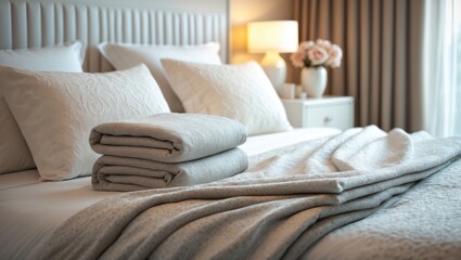 Soft cozy blanket and cushions arranged on bed indoors