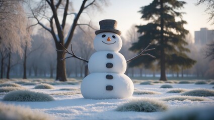 Obraz premium Snowman situated in a park during the winter season.