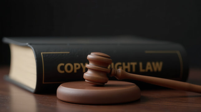 A wooden gavel is positioned on a round block beside a thick black book labeled copyright law. The arrangement suggests a courtroom or legal office atmosphere focused on legal matters