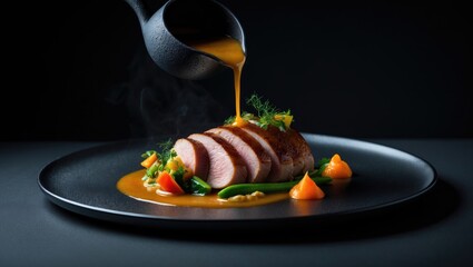 elegant gourmet dish presented on a dark plate during an expensive dinner by a chef