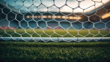 Soccer or football net backdrop, viewed from behind the goal with a blurred stadium and field pitch.
