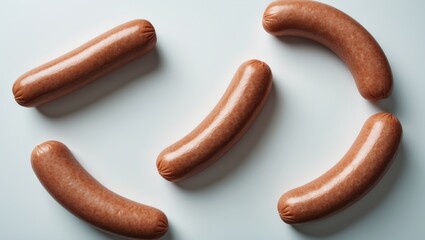 Fresh raw hot dog sausages placed on a white background, viewed from above.