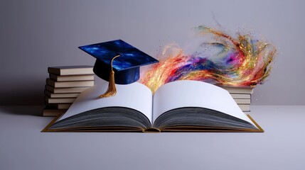 Graduation Cap  Open Book  Colorful Splashes  Education Success Concept
