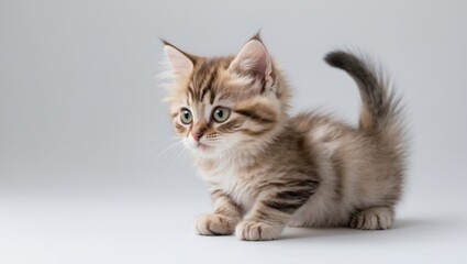 Obraz premium Funny little kitten explores its surroundings, set against a white background.