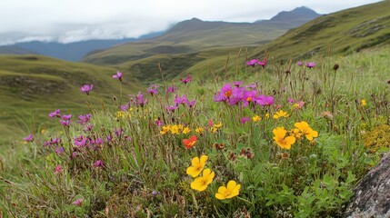 Obraz premium Vibrant Wildflowers Blooming in Lush Green Mountains Under a Cloudy Sky
