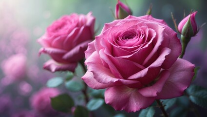 Naklejka premium Pink rose in full bloom within the garden. This image showcases the elegance of nature through a stunning rose. It symbolizes romance and is ideal for any design project.