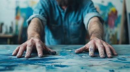 A close-up of a painter's hands resting on a canvas, showcasing paint splatters and a creative workspace with colorful backgrounds.