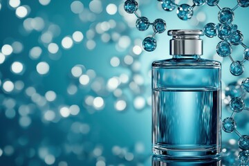 Luxury biotech serum bottle surrounded by floating nanobot-enhanced molecules, transparent AI interface displaying real-time ingredient adaptability and cellular repair