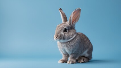 Front view of gray rabbit against a background. Adorable pose of a young rabbit.