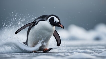 Obraz premium Gentoo penguin glides on its belly through the snow.