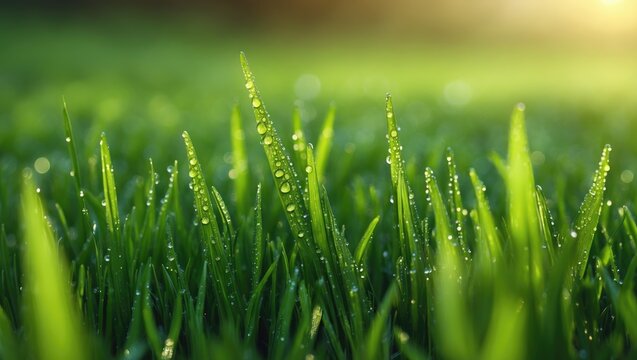 Close-up view of fresh green grass adorned with dew drops shimmering under gentle natural light. This vivid and refreshing nature image encapsulates the essence of a tranquil and peaceful morning.