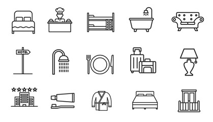 Hotel set of web icons in line style. Hotel and vacation icons for web and mobile app. Hotel services, recreational rest, relax, travel. Vector illustration