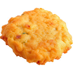 Close-up of crispy, golden cheese crackers with a textured surface, isolated on a white background.