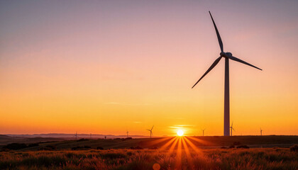 Obraz premium Windmill basking in sunrise glow over rural landscape, nature's beauty