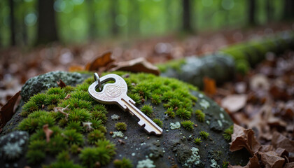 Key resting on mossy rock in woodland, nature's symbolism