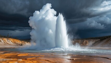 Clepsydra geyser erupting from the earth's crust, shooting jets of water and steam into the atmosphere beneath a grey, overcast sky.