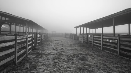 Obraz premium Gloomy foggy morning atmosphere empty livestock show pens deserted rural landscape abandoned agricultural stories eerie monochrome