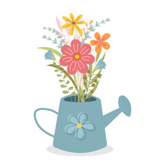 Bouquet in a vintage metal garden watering can. hand-drawn flowering garden plants. Spring illustration