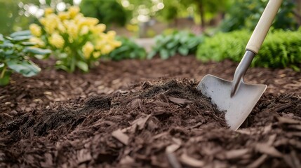 A shovel lies deliberately on a substantial mound of freshly turned mulch, nestled within a beautifully maintained garden that thrives in the vibrant essence of springtime