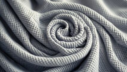 Fototapeta premium Close-up view of a soft, light gray fabric featuring a waffle pattern. The material is elegantly draped, highlighting its gentle folds and subtle texture.